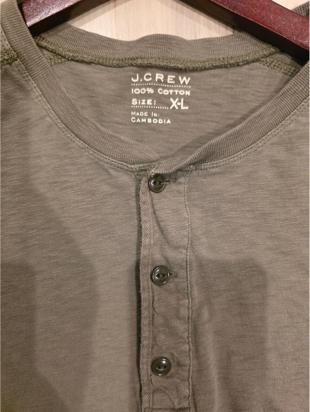 J.Crew Men's Long Sleeve Henley Shirt XL Olive Green 100% Cotton